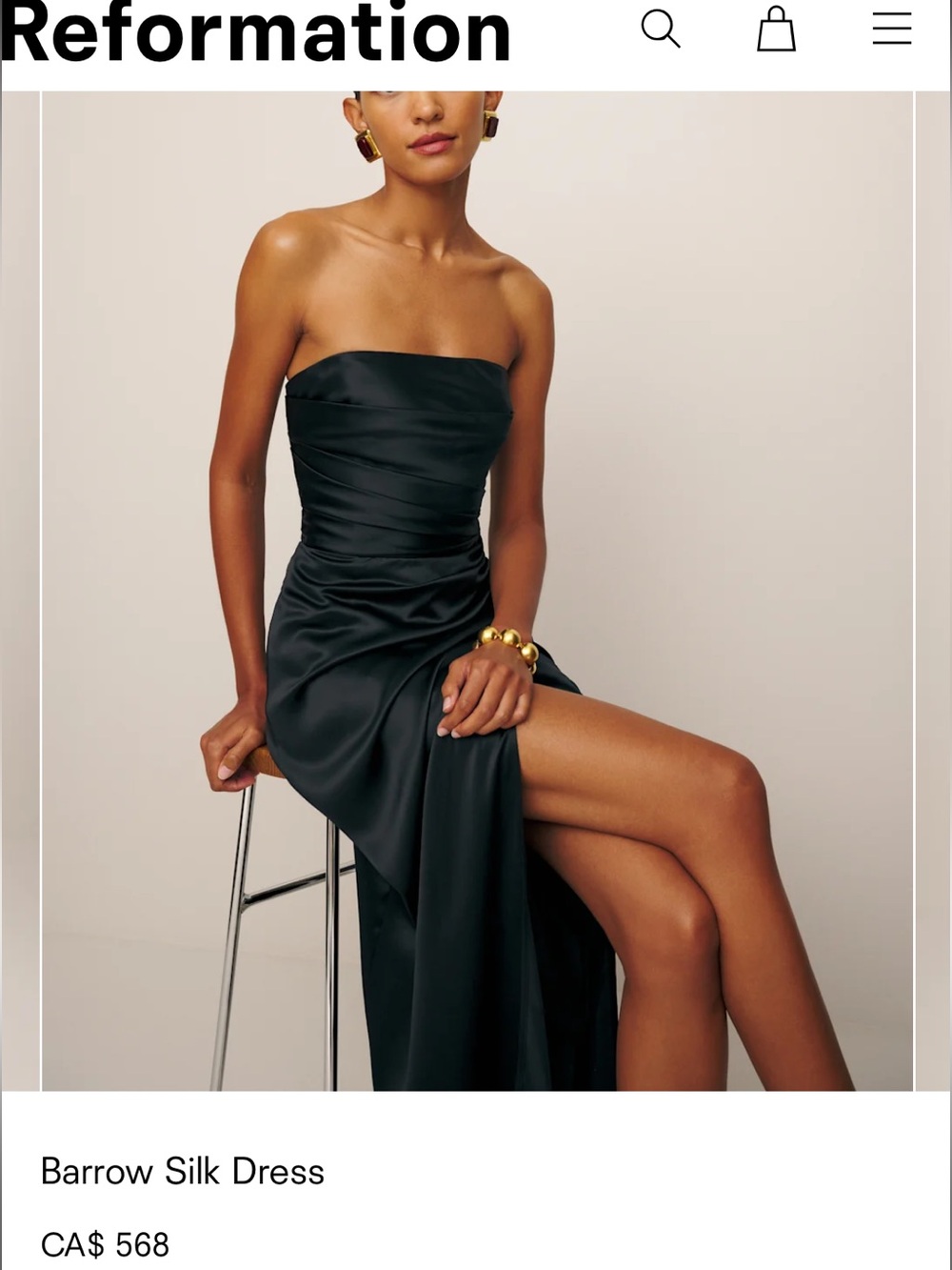 Reformation Strapless Black Satin Gown